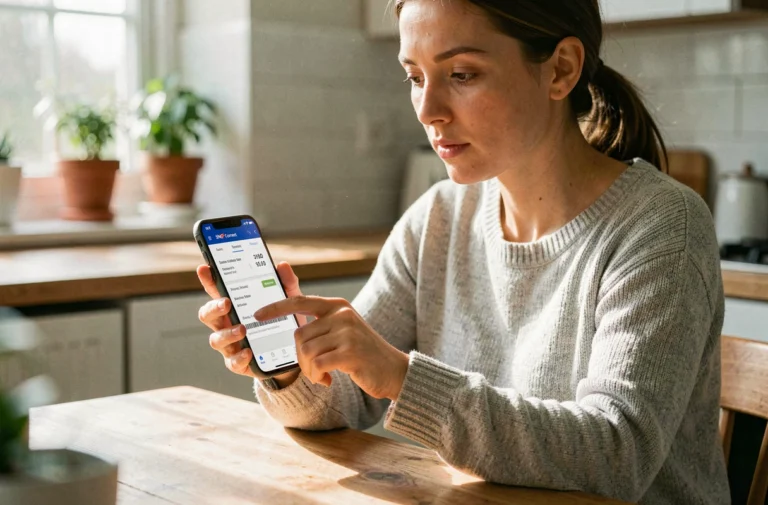 Femme consultant l'application SNCF Connect sur son smartphone pour modifier le nom d'un billet de train