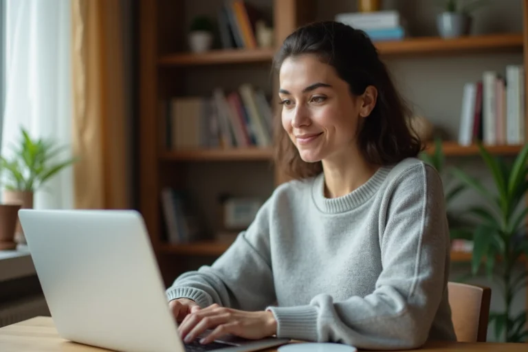 Femme utilisant un ordinateur portable pour apprendre l'informatique à son bureau à domicile