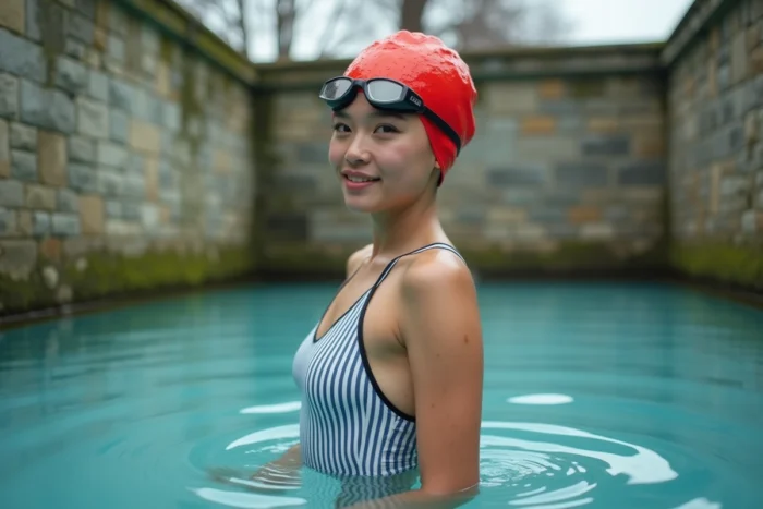Jeune femme portant un bonnet de bain rouge et des lunettes de natation dans le bassin extérieur en pierre de la piscine de la Butte-aux-Cailles à Paris