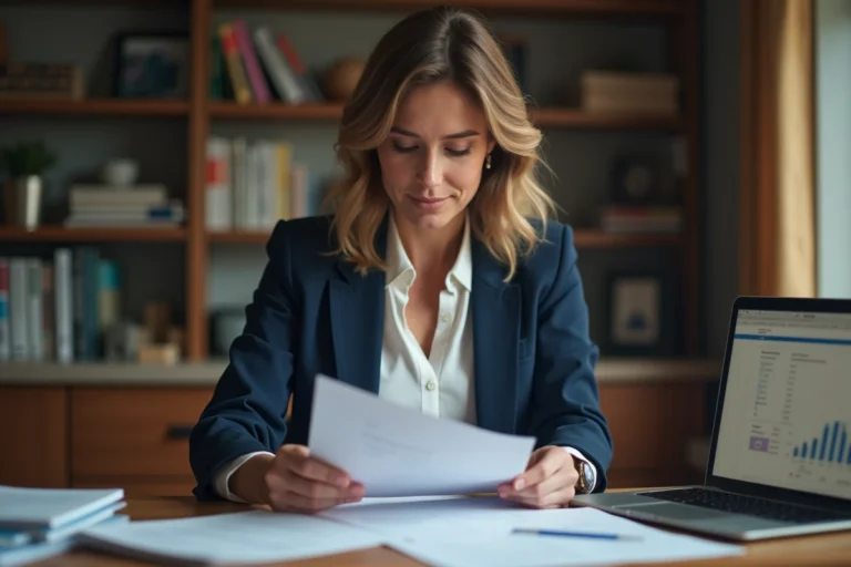 Femme d'affaires consultant des documents de crédit à son bureau à domicile