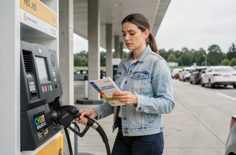 Femme utilisant des chèques vacances pour payer l'essence à une pompe libre-service en station-service