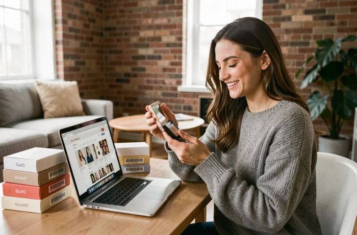 Jeune femme souriante qui déballe des produits de maquillage commandés en ligne depuis son appartement moderne avec ordinateur portable ouvert sur un site de beauté