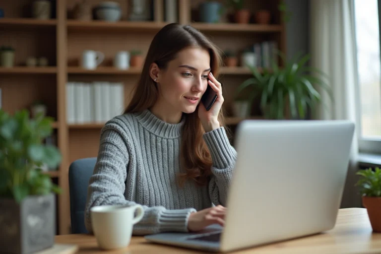 Femme utilisant une application de communication moderne sur ordinateur et smartphone dans un bureau à domicile