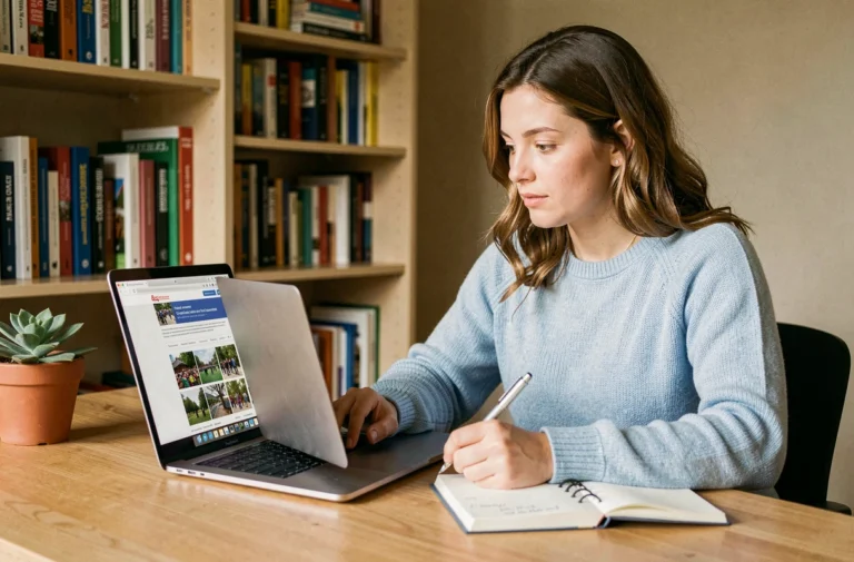 Femme consultant le site Infolocale sur un ordinateur portable dans un bureau à domicile pour trouver des informations locales