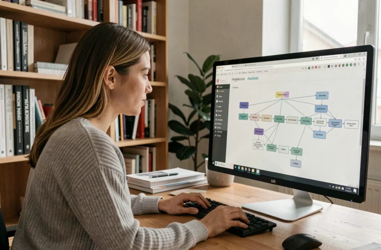 Femme consultant un sitemap structuré sur un écran d'ordinateur dans un bureau à domicile moderne