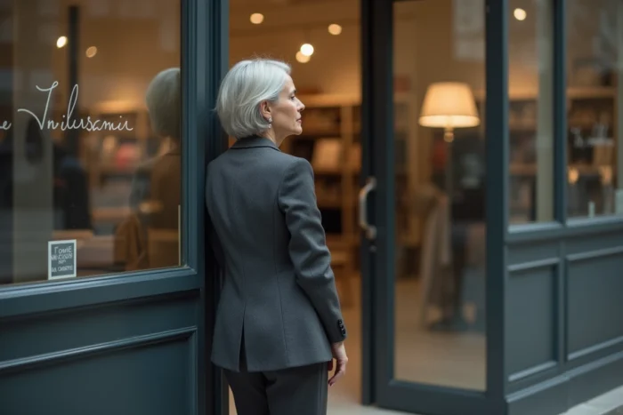 Femme regardant l'intérieur vide d'une boutique de mode française fermée avec expression mélancolique