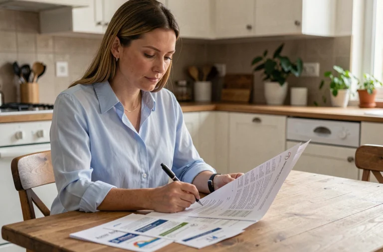 Femme consultant des documents de crédit à la consommation à sa table de cuisine