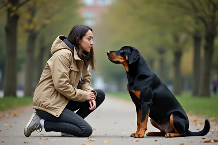 Une femme en veste beige s'entraîne avec son labrador croisé beauceron assis et attentif dans un parc urbain, illustrant le lien entre le chien et son maître
