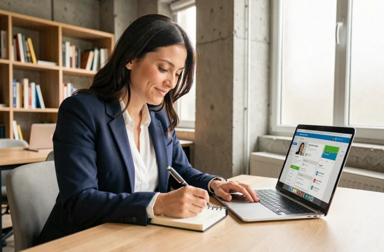 Femme professionnelle suivant une formation en ligne sur ordinateur portable dans un espace de coworking moderne