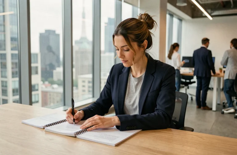 Femme professionnelle prenant des notes lors d'une formation en présentiel dans un espace de coworking moderne en 2024