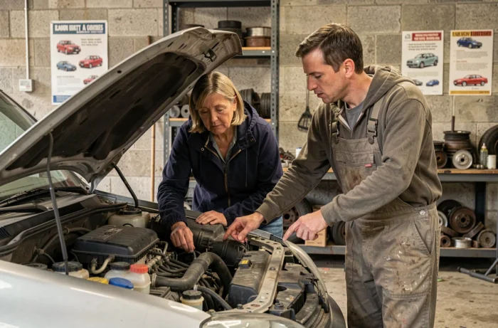 Une femme inspecte le moteur d'une voiture d'occasion avec un mécanicien dans un garage solidaire associatif