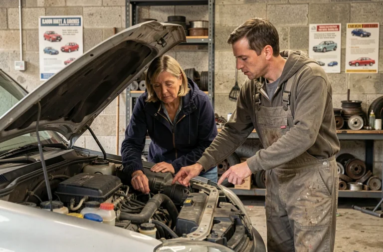 Une femme inspecte le moteur d'une voiture d'occasion avec un mécanicien dans un garage solidaire associatif
