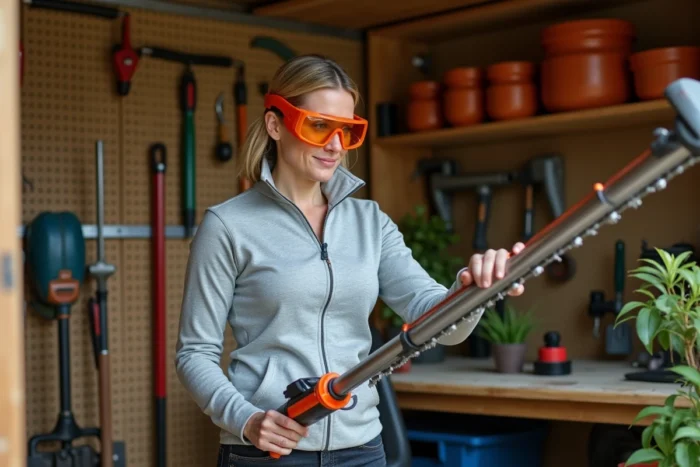 Femme inspectant le mécanisme télescopique d'un taille-haie dans un atelier de jardin bien rangé