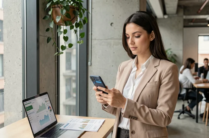 Jeune femme consultant une application d'investissement boursier sur smartphone dans un espace de coworking