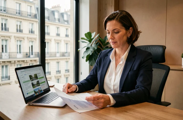 Femme professionnelle analysant des documents d'investissement immobilier dans un bureau moderne à Paris