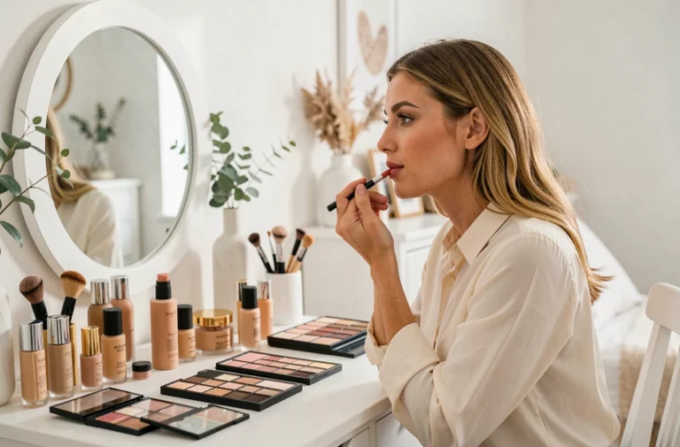 Femme appliquant du rouge à lèvres devant une coiffeuse couverte de produits de maquillage haut de gamme dans une chambre au style scandinave