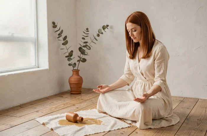 Jeune femme en méditation face à une bouteille d'huile renversée sur un tissu blanc dans un espace spirituel minimaliste, représentant l'introspection et la symbolique spirituelle de l'huile