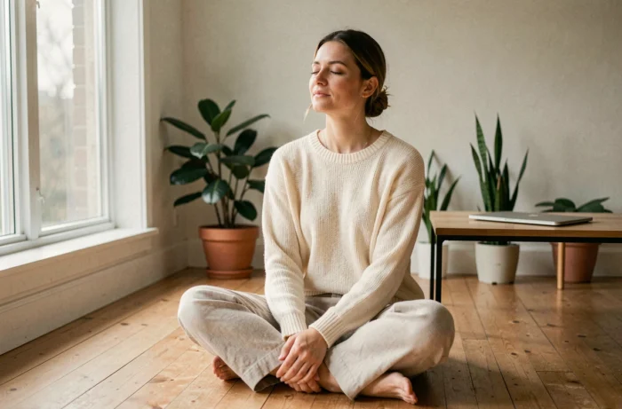 Femme en convalescence après un burn-out pratiquant la méditation au sol dans un espace minimaliste apaisant