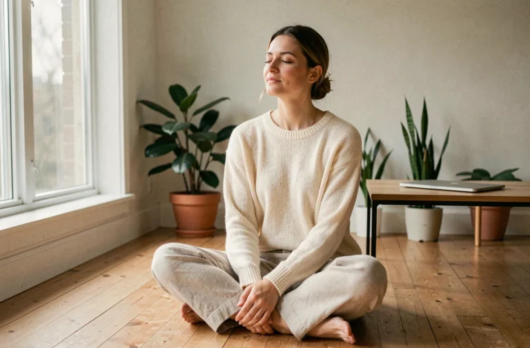 Femme en convalescence après un burn-out pratiquant la méditation au sol dans un espace minimaliste apaisant