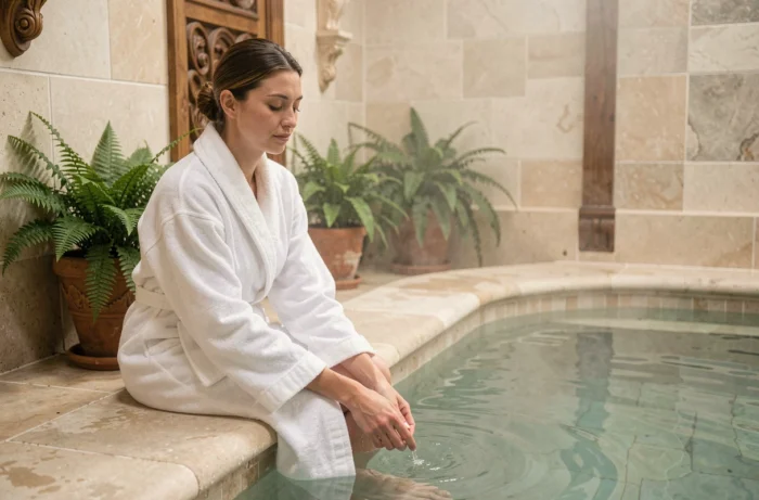 Femme en peignoir blanc se relaxant au bord d'une piscine thermale intérieure dans un spa de Normandie