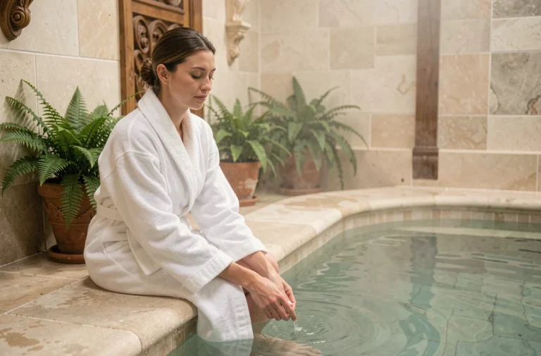 Femme en peignoir blanc se relaxant au bord d'une piscine thermale intérieure dans un spa de Normandie