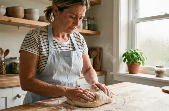 Femme qui pétrit de la pâte à pain sur un plan de travail en bois dans une cuisine familiale chaleureuse