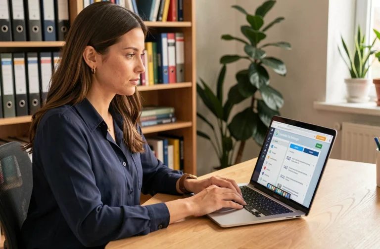 Femme explorant les rubriques d'une plateforme de formation en ligne sur un ordinateur portable dans un bureau à domicile