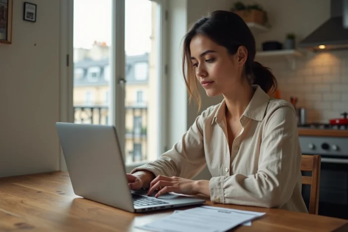 Femme consultant une plateforme immobilière en ligne dans un appartement parisien pour une location en 2026