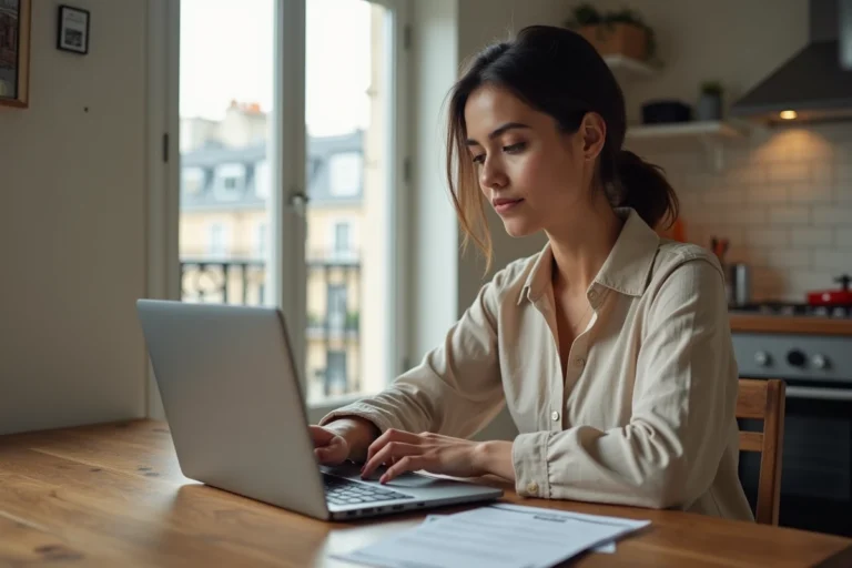 Femme consultant une plateforme immobilière en ligne dans un appartement parisien pour une location en 2026