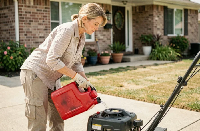 Femme faisant le plein d'essence de sa tondeuse depuis un jerrican rouge dans une allée de maison, illustrant la gestion du carburant et la consommation