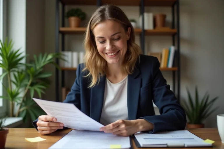 Femme parcourant des offres d'emploi locales dans un bureau à domicile moderne