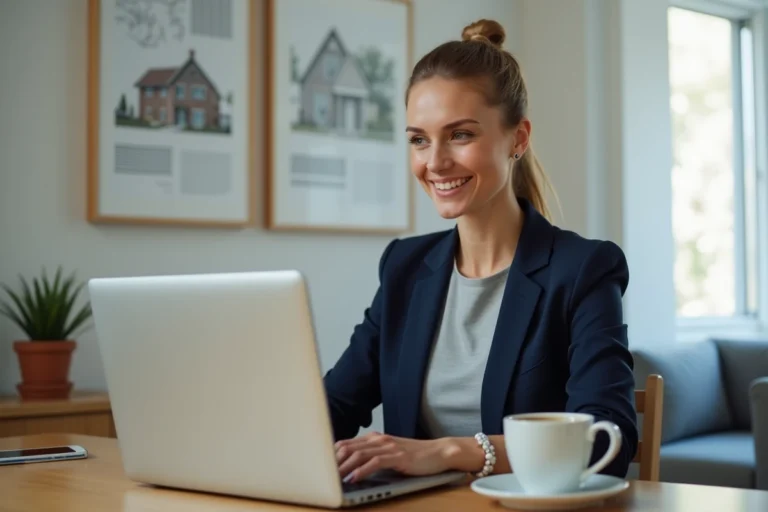 Femme professionnelle recherchant des biens immobiliers sur une plateforme en ligne depuis son bureau à domicile