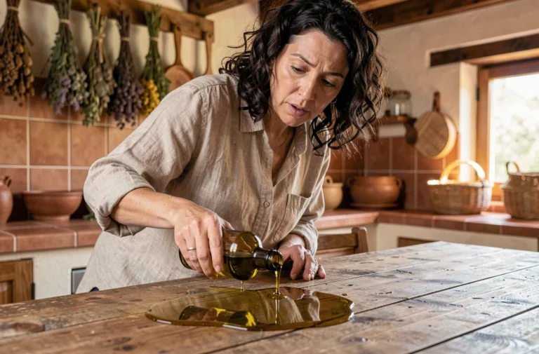 Femme renversant de l'huile d'olive sur une table en bois rustique dans une cuisine méditerranéenne, symbolisant la signification spirituelle de cet acte du quotidien
