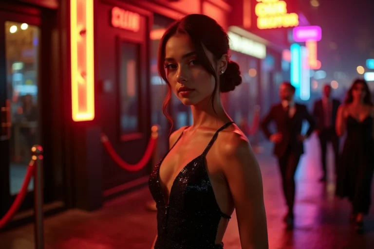 Femme en robe sequins noire à l'entrée d'une boîte de nuit tendance, style clubwear chic et moderne