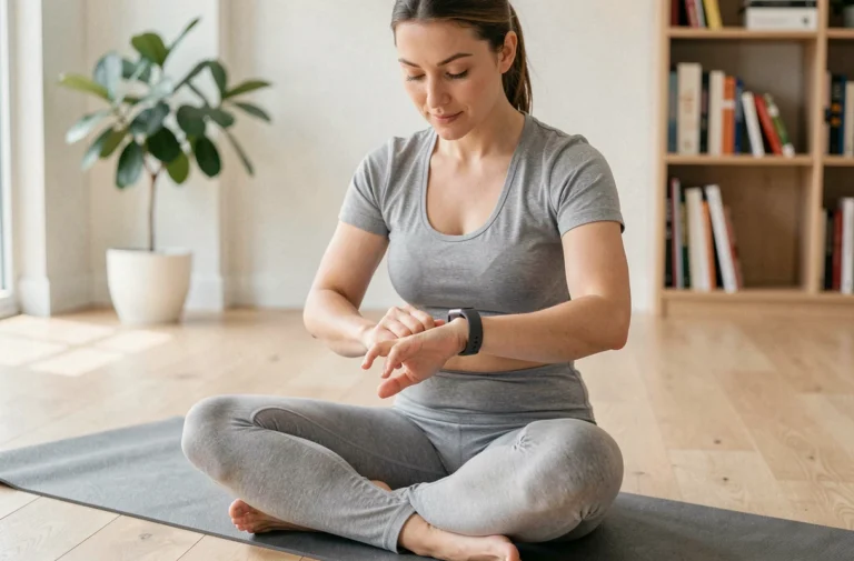 Femme en tenue de sport consultant son bracelet connecté de santé sur un tapis de yoga dans un appartement moderne