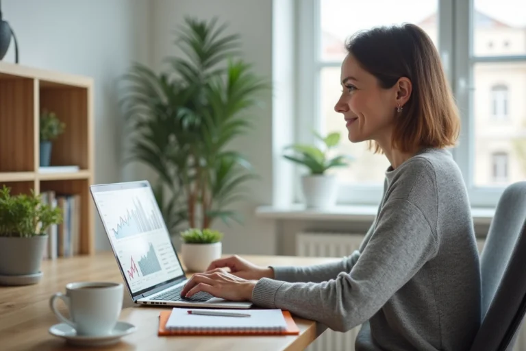 Femme travaillant sur son ordinateur portable pour gagner de l'argent sur Internet depuis son bureau à domicile