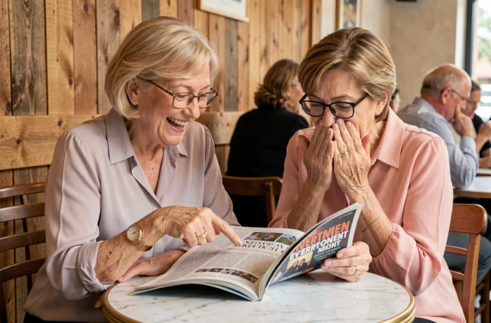 Deux femmes âgées réagissant avec amusement à un article de magazine sur une série télévisée dans un café