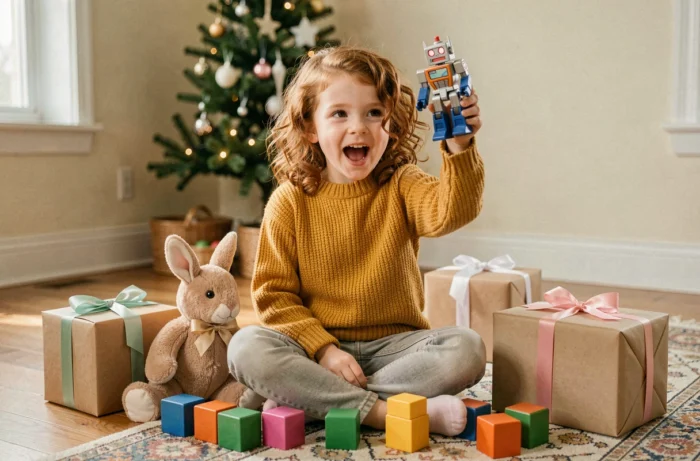 Jeune fille souriante entourée de jouets colorés et de cadeaux emballés dans un salon chaleureux