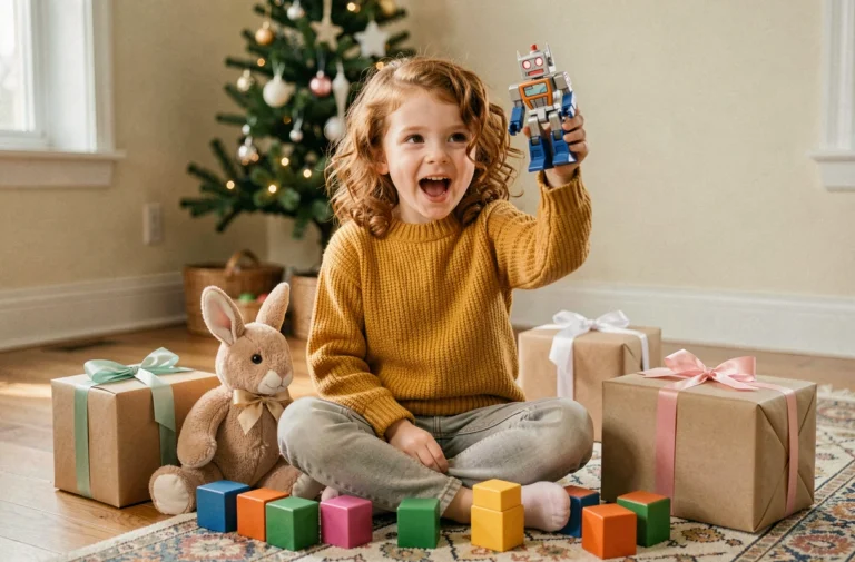 Jeune fille souriante entourée de jouets colorés et de cadeaux emballés dans un salon chaleureux
