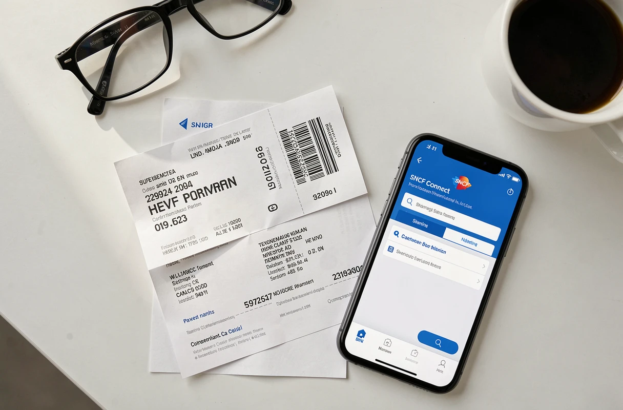 Vue de dessus d'un billet de train SNCF, d'un smartphone avec l'application SNCF Connect et d'un café sur un bureau blanc