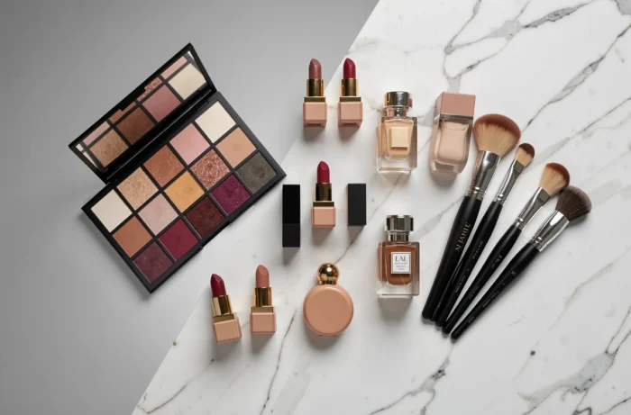 Disposition à plat de produits de maquillage premium sur marbre blanc incluant palette de fards, rouges à lèvres et pinceaux professionnels