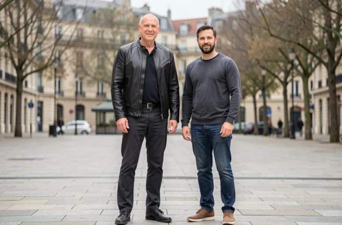 Comparaison de taille entre Florent Pagny et un homme de taille moyenne dans un contexte urbain