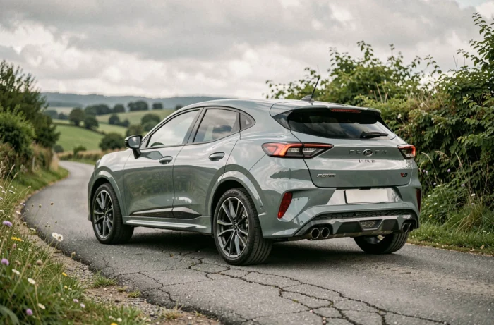 Ford Puma gris Solar ST-Line vue arrière trois quarts sur route de campagne entourée de végétation verte