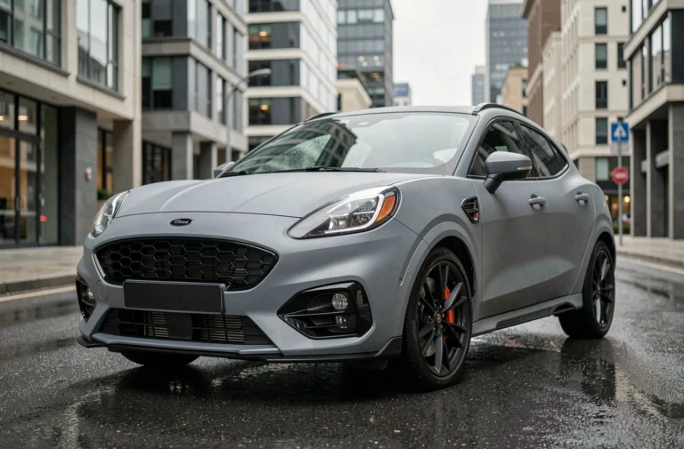 Ford Puma gris Solar ST-Line vue trois quarts avant en milieu urbain sur asphalte mouillé
