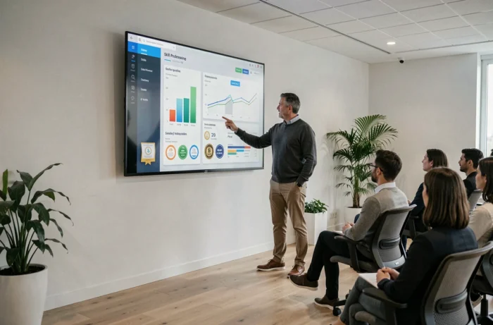 Formateur expérimenté présentant un tableau de bord de progression des compétences lors d'une session de formation en entreprise