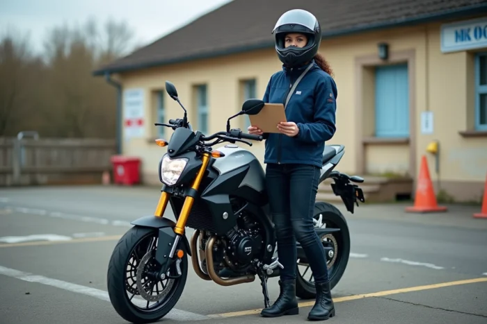 Jeune femme équipée avec une moto 125cc devant une auto-école, représentant la formation requise pour conduire une 125 avec le permis B
