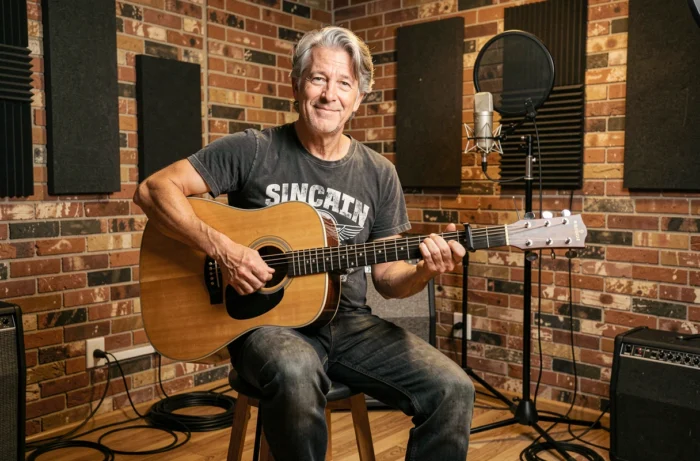 Musicien en pleine renaissance créative dans un studio d'enregistrement, guitare acoustique sur les genoux, exprimant la guérison et le retour à la musique