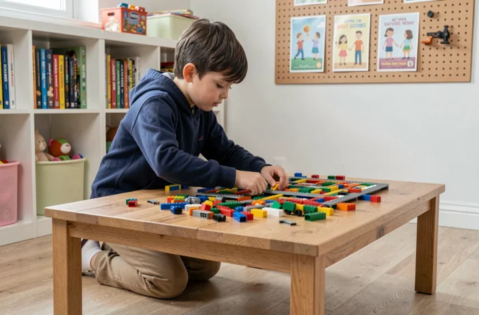 Garçon concentré assembant un jeu de construction LEGO dans une salle de jeux moderne et colorée