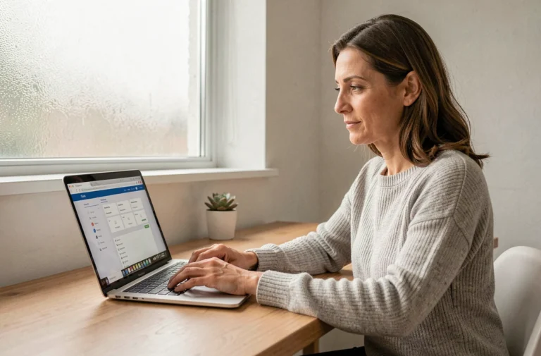 Femme gérant son espace client immobilier en ligne depuis un bureau à domicile avec un ordinateur portable