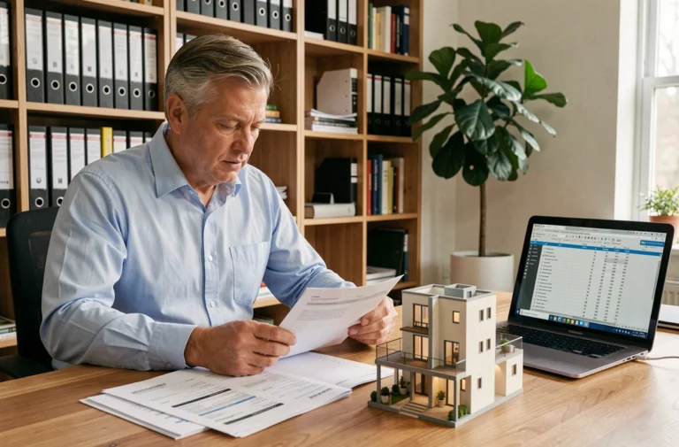 Propriétaire LMNP analysant des documents de gestion locative meublée à son bureau à domicile